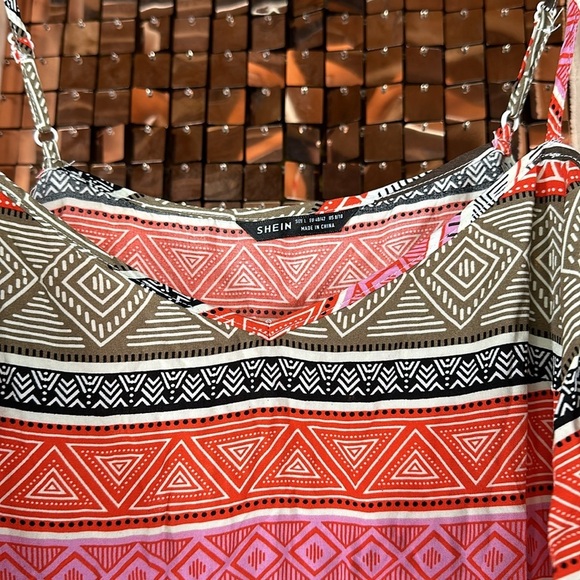 Shein Orange Pink Tan Black & Cream Print Short Sleeve Cold Shoulder Blouse Sz L - Picture 4 of 9